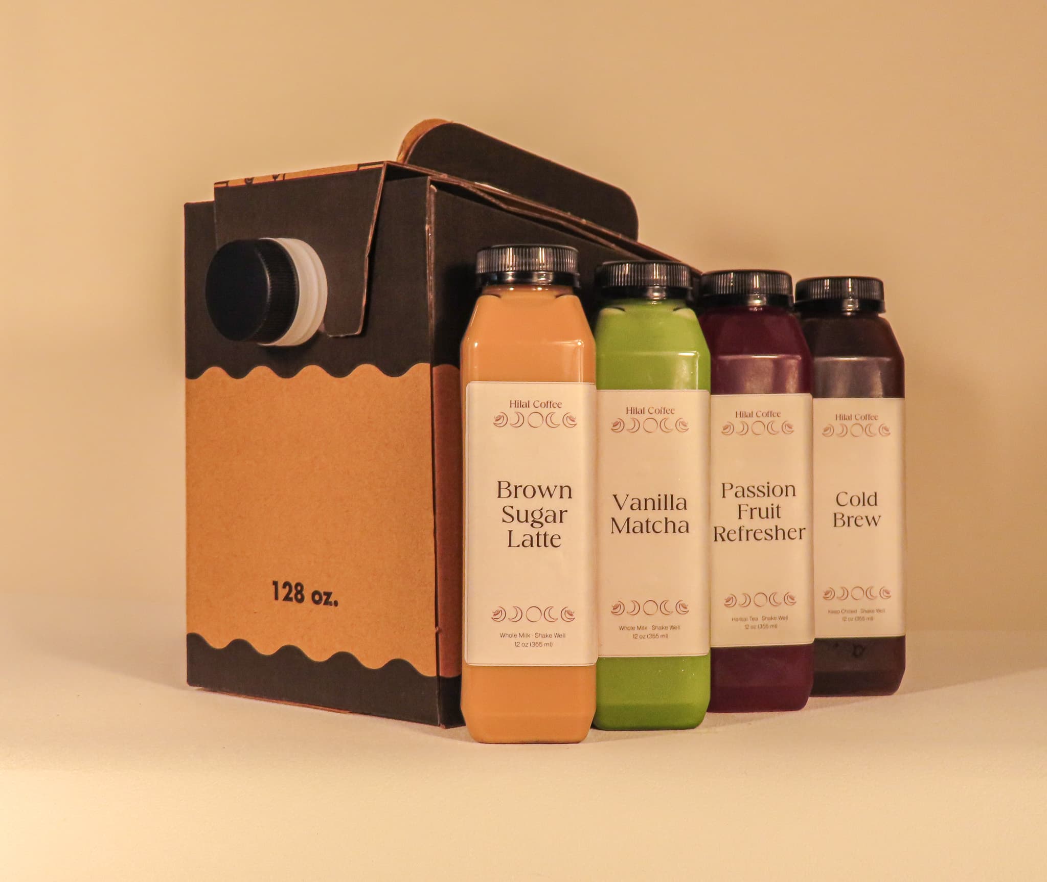 Hilal Coffee specialty lattes and matcha in branded bottles