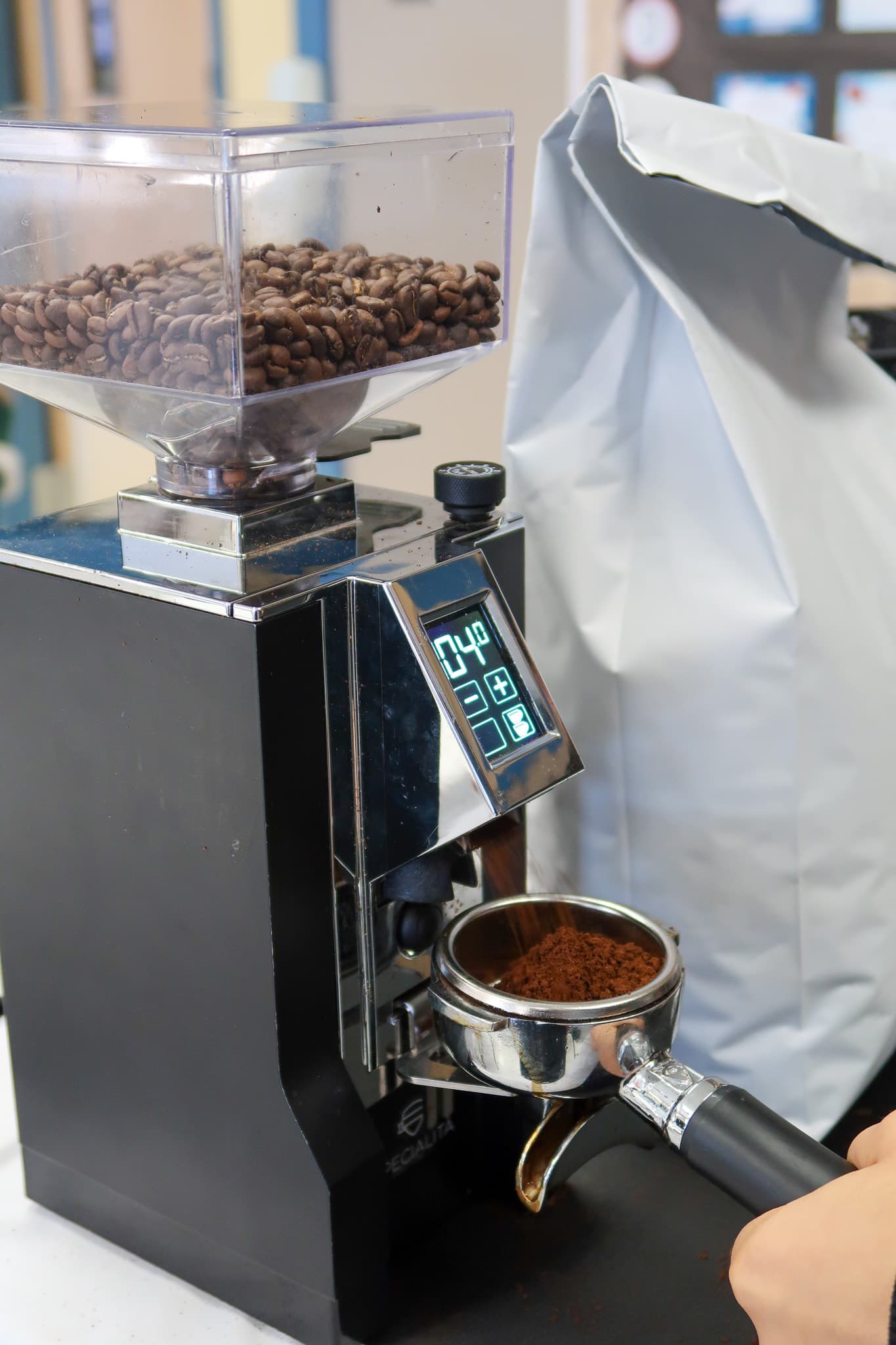 Freshly roasted beans in Hilal Coffee's espresso grinder